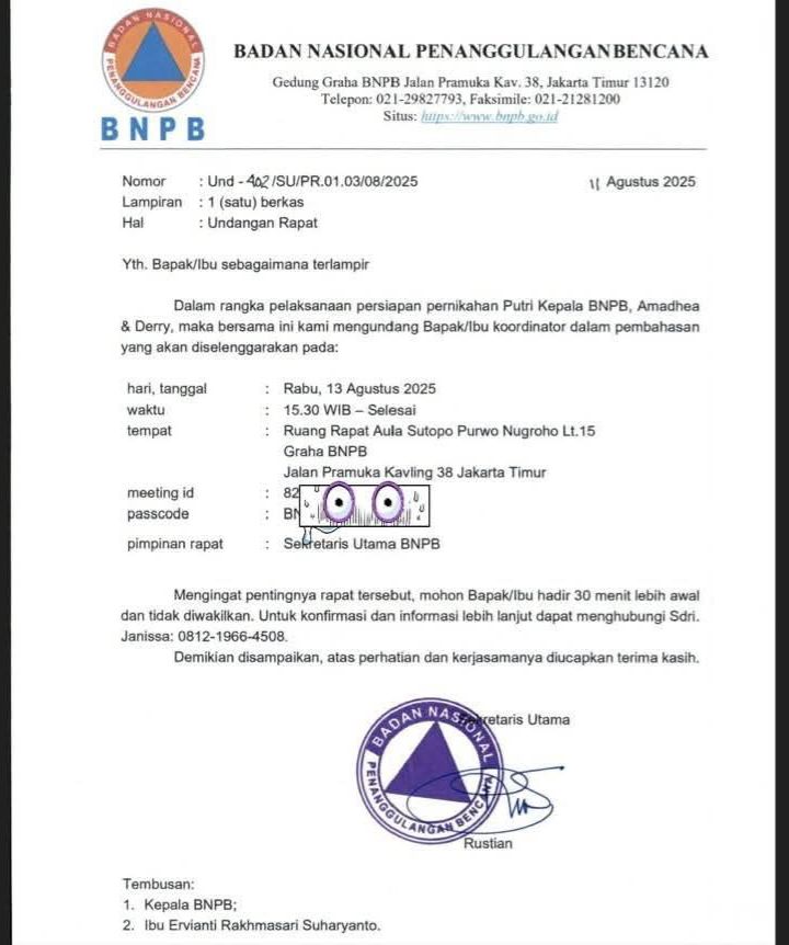 alt undangan rapat pernikahan putri kepala badan nasional penanggulangan bencana