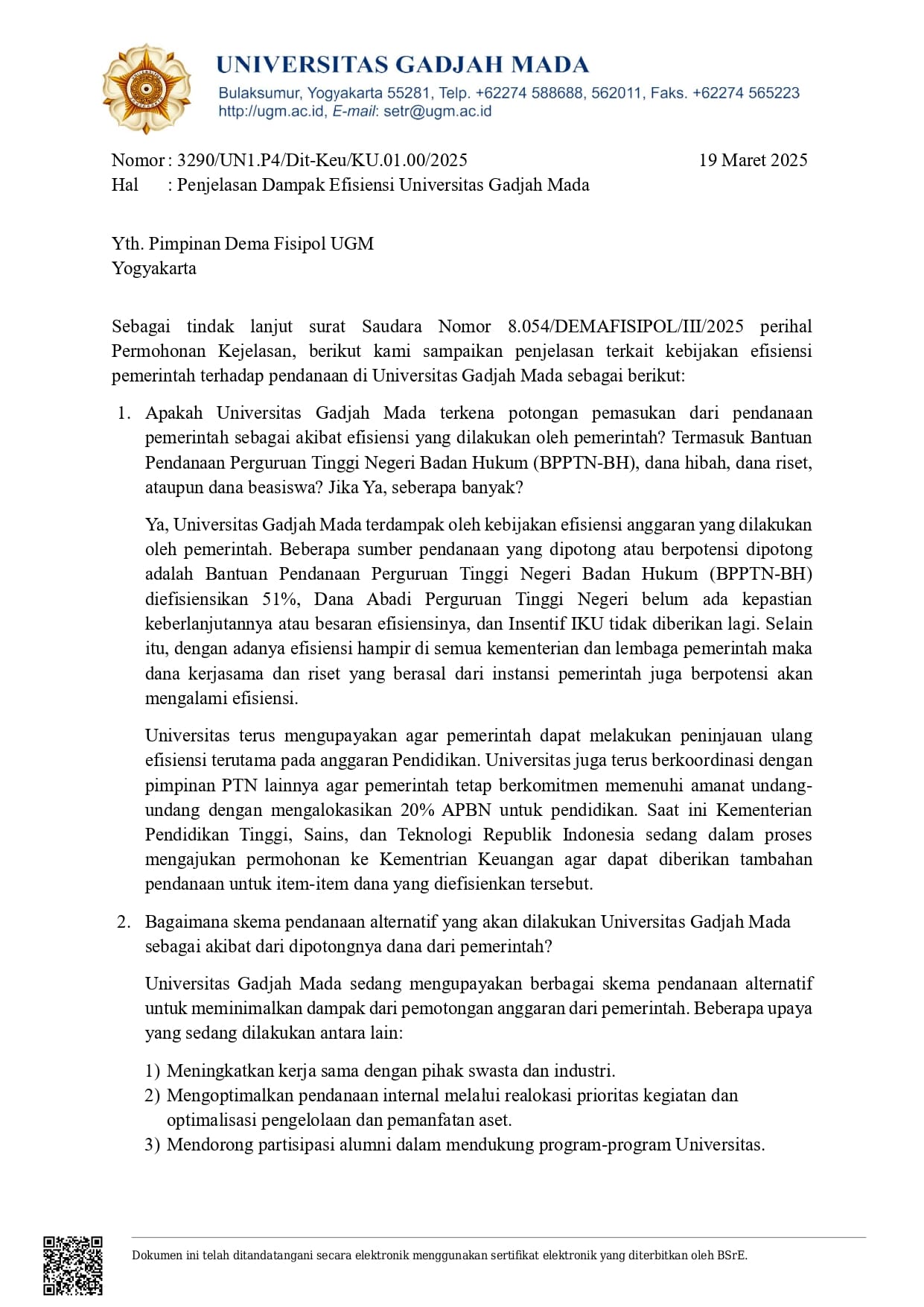 alt penjelasan dampak efisiensi universitas gadjah mada