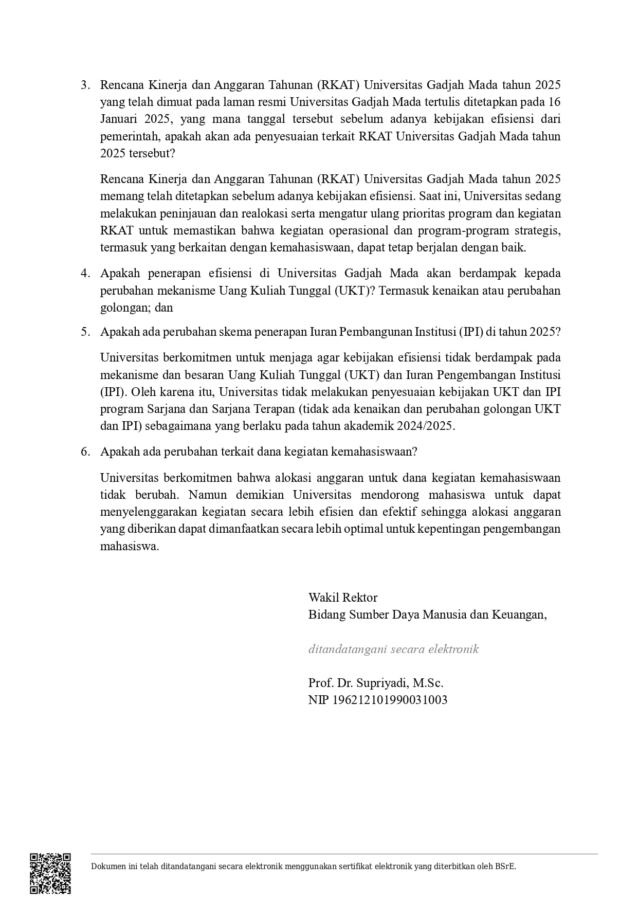 alt penjelasan dampak efisiensi universitas gadjah mada