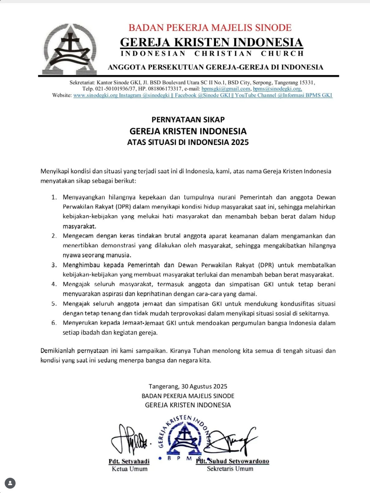 pernyataan resmi Badan Pekerja Majelis Sinode Gereja Kristen Indonesia 