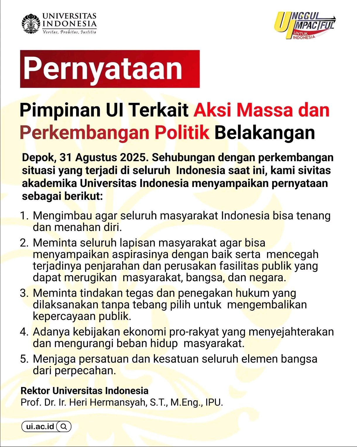 Pernyataan Pimpinan UI Terkait Aksi Massa dan Perkembangan Politik Belakangan di Instagram