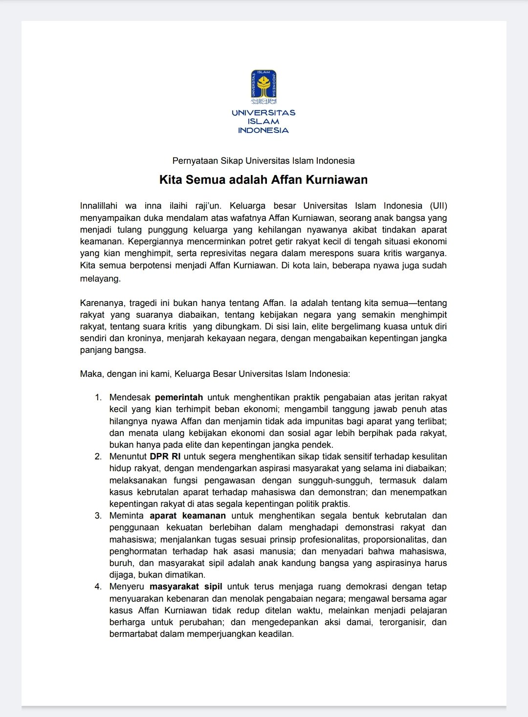 alt pernyataan universitas islam indonesia terhadap meninggalnya affan kurniawan halaman 1