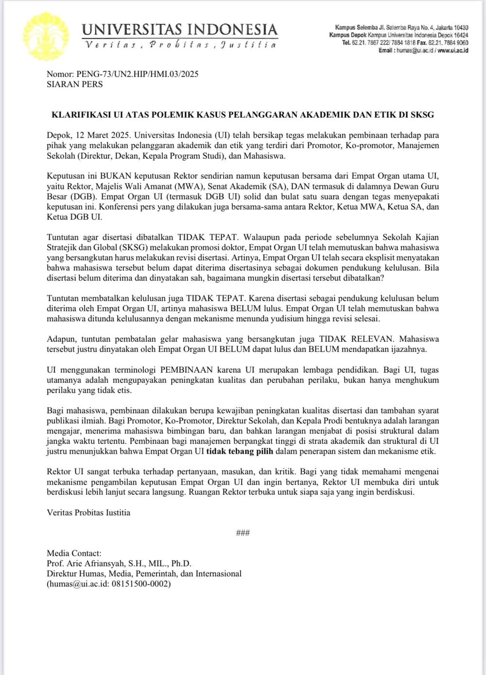 alt scan dokumen berjudul Klarifikasi Universitas Indonesia Atas Polemik Pelanggaran Akademik dan Etik di SKSG